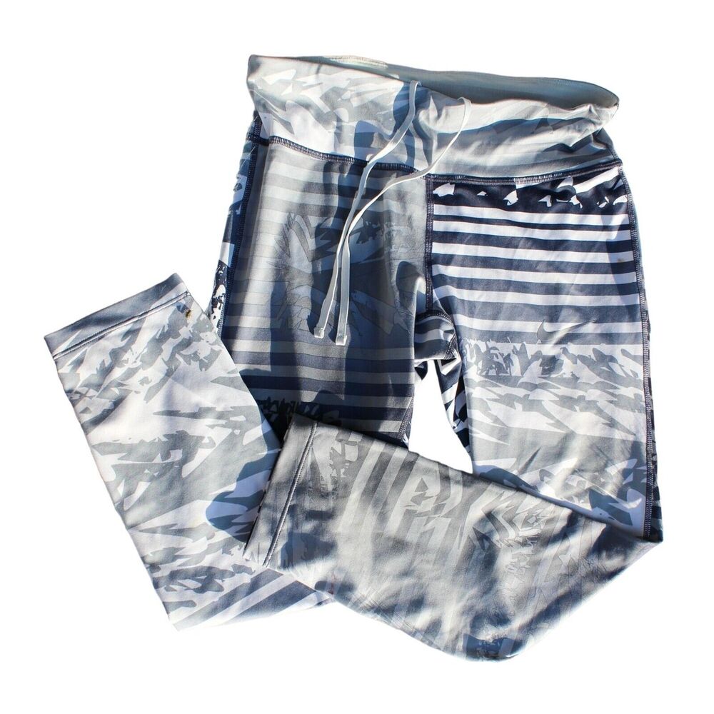Nike Dri Fit Gray Blue Print Back Pocket Cropped Leggings Women Size Small